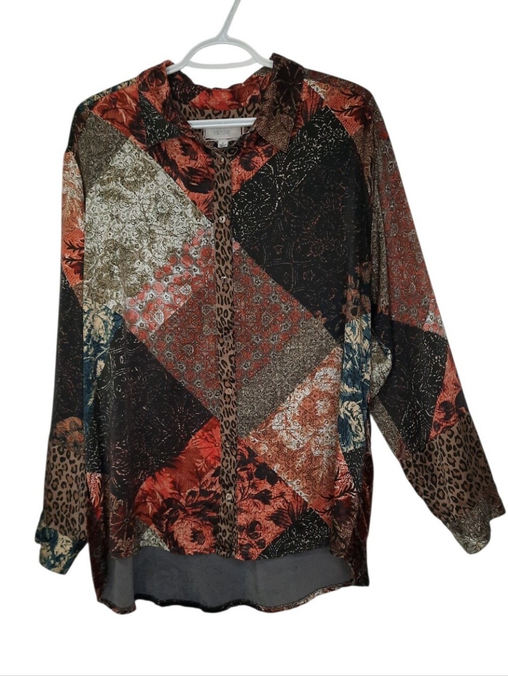 Johnny Was Workshop Mabel Mixed Print Silk Velvet Blouse Button Up Womens XL